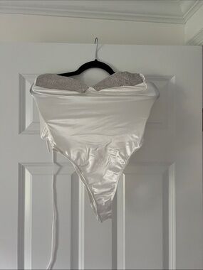 Strapless Satin Bodysuit in White with Rhinestone Trim